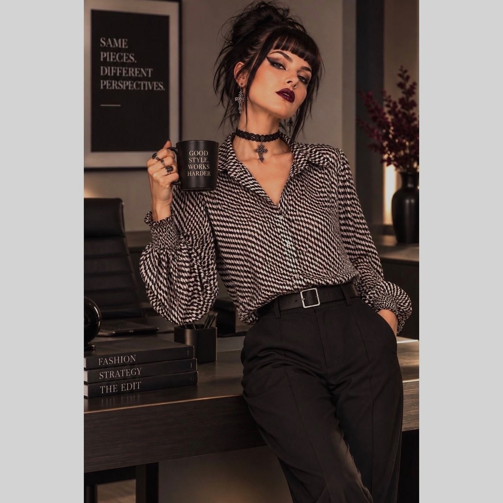 Muse Republic Clothing Sheer Button Front Blouse  Small Balloon Sleeves Goth